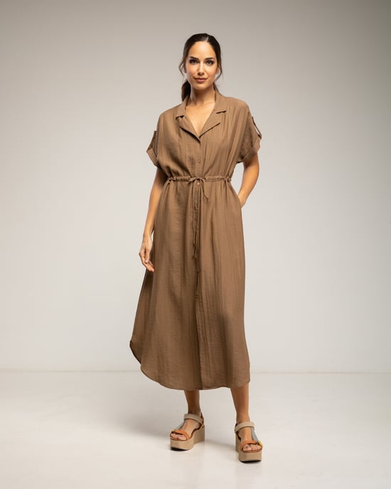 Midi-jurk met elastische taille en borst, rimpelmouwen en zakken - Image 1