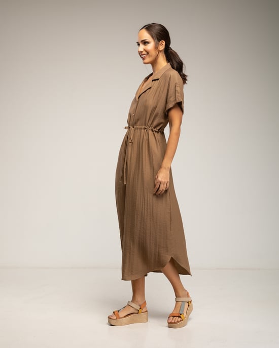 Midi-jurk met elastische taille en borst, rimpelmouwen en zakken - Image 2