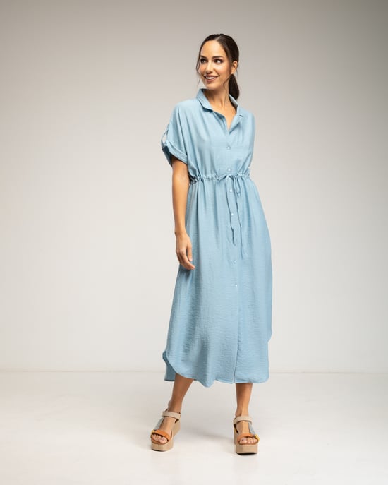 Midi-jurk met elastische taille en borst, rimpelmouwen en zakken - Image 1