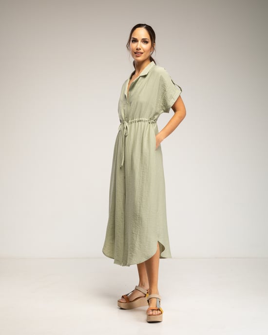 Midi-jurk met elastische taille en borst, rimpelmouwen en zakken - Image 2