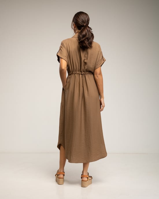 Midi-jurk met elastische taille en borst, rimpelmouwen en zakken - Image 3