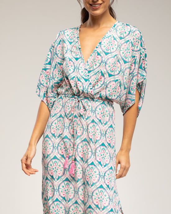 Lange jurk met dierenprint, overslagkraag, gerimpelde taille en zijsplitjes - Image 4
