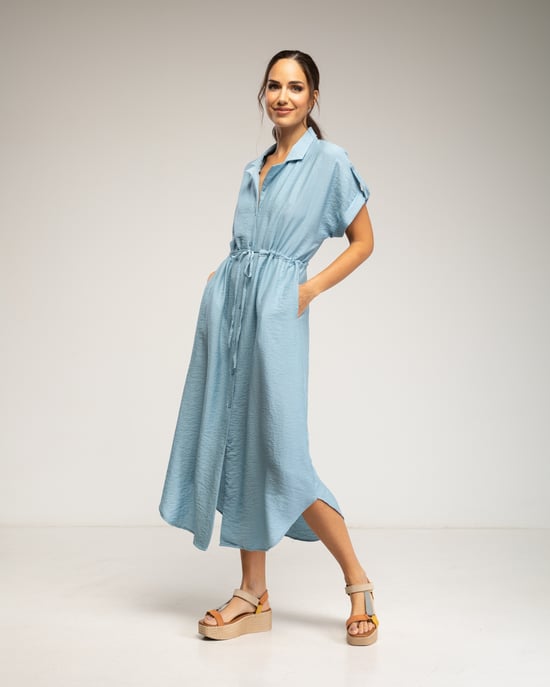 Midi-jurk met elastische taille en borst, rimpelmouwen en zakken - Image 2
