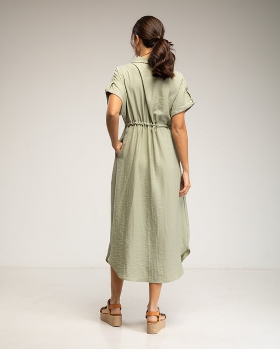 Midi-jurk met elastische taille en borst, rimpelmouwen en zakken - Image 3