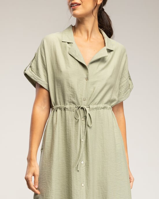 Midi-jurk met elastische taille en borst, rimpelmouwen en zakken - Image 4