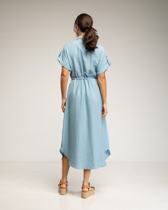 Midi-jurk met elastische taille en borst, rimpelmouwen en zakken - Image 3