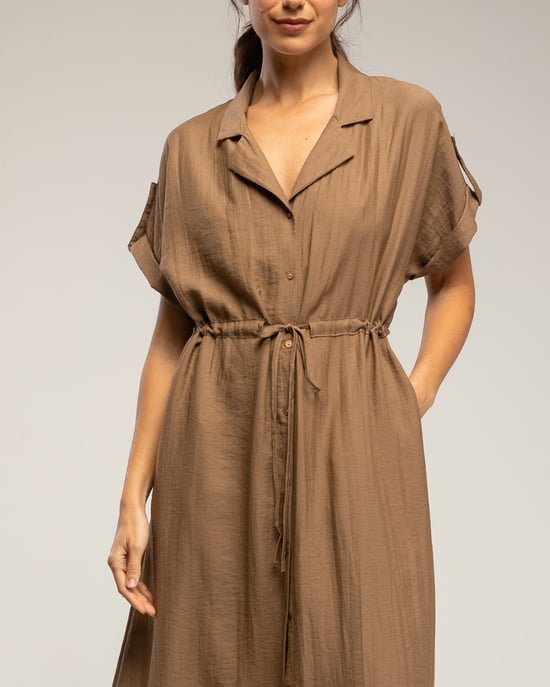 Midi-jurk met elastische taille en borst, rimpelmouwen en zakken - Image 4