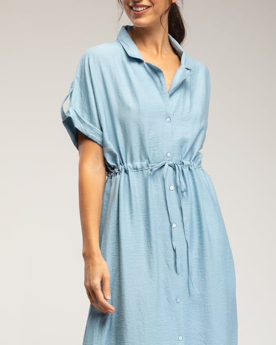 Midi-jurk met elastische taille en borst, rimpelmouwen en zakken - Image 4