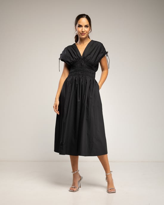 Midi-jurk met elastische taille en borst, rimpelmouwen en zakken - Image 2