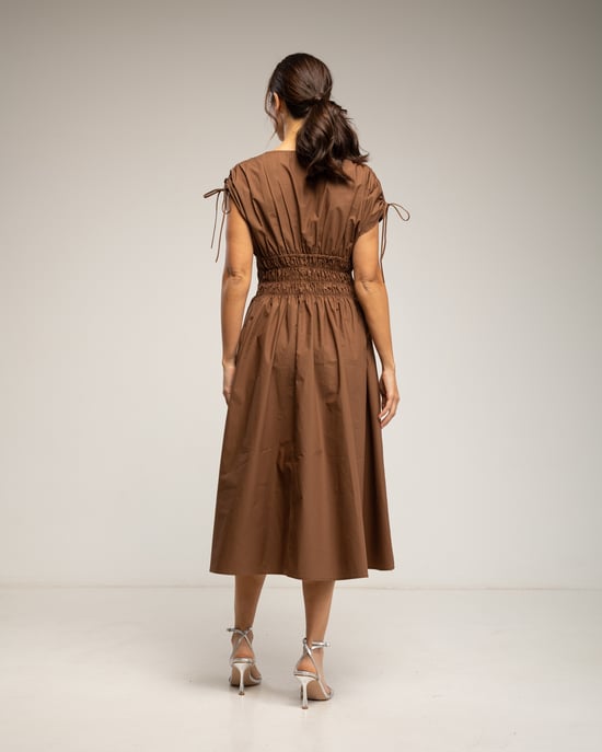 Midi-jurk met elastische taille en borst, rimpelmouwen en zakken - Image 3