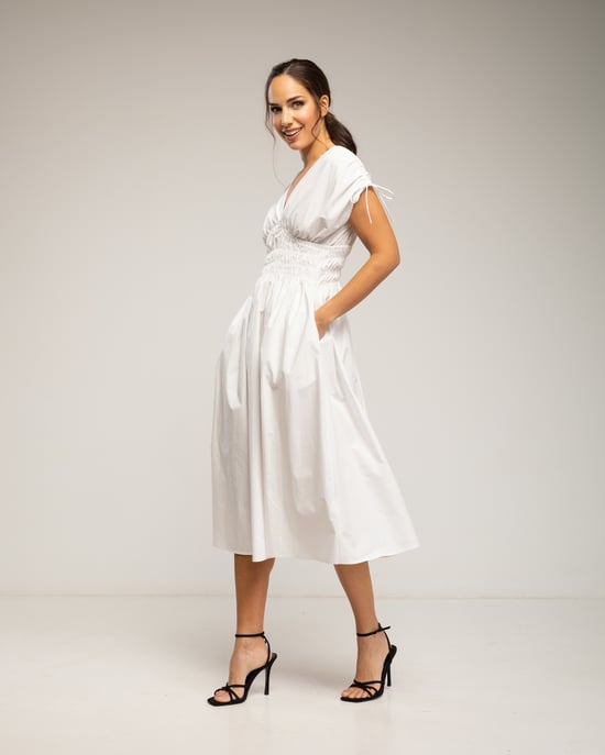 Midi-jurk met elastische taille en borst, rimpelmouwen en zakken - Image 2