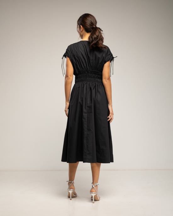 Midi-jurk met elastische taille en borst, rimpelmouwen en zakken - Image 3
