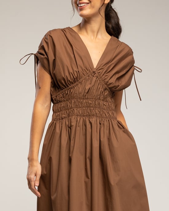 Midi-jurk met elastische taille en borst, rimpelmouwen en zakken - Image 4