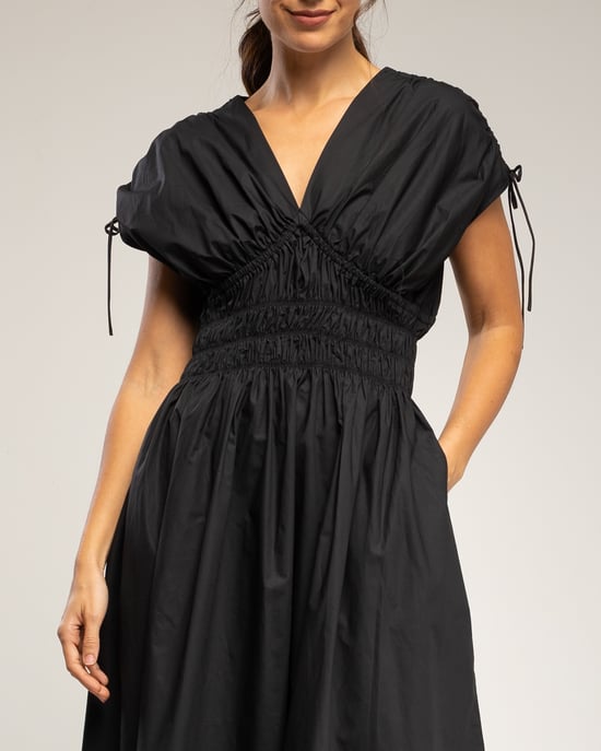 Midi-jurk met elastische taille en borst, rimpelmouwen en zakken - Image 4