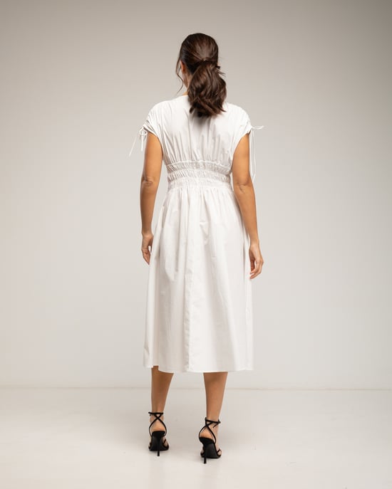Midi-jurk met elastische taille en borst, rimpelmouwen en zakken - Image 3