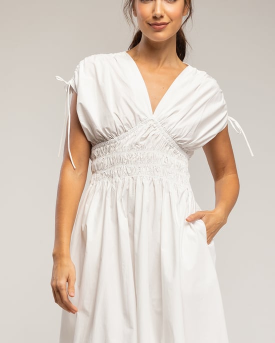 Midi-jurk met elastische taille en borst, rimpelmouwen en zakken - Image 4