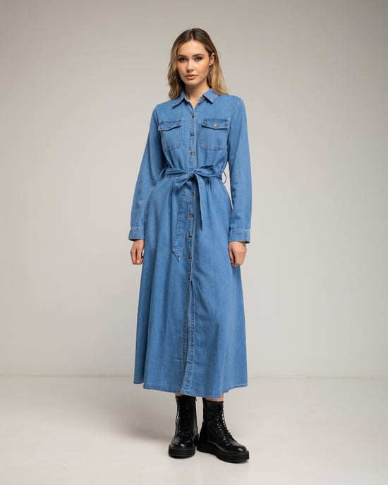 Midi-skjortklänning med bröstfickor, utställd kjol och bälte - Image 2