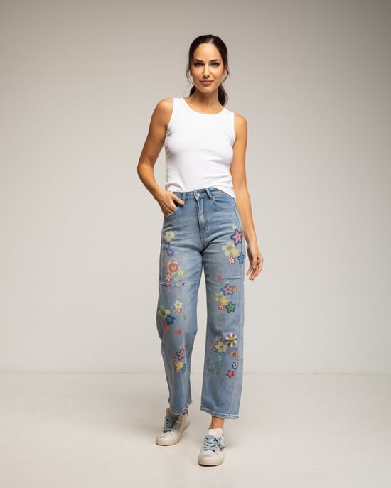 High-waist recht model jeans met geschilderde bloemen en patronen op de voor- en achterkant - Image 1