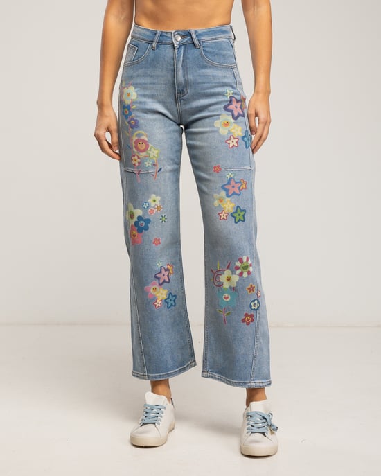High-waist recht model jeans met geschilderde bloemen en patronen op de voor- en achterkant - Image 2