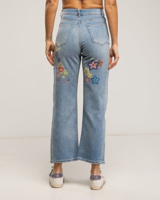 High-waist recht model jeans met geschilderde bloemen en patronen op de voor- en achterkant - Image 3