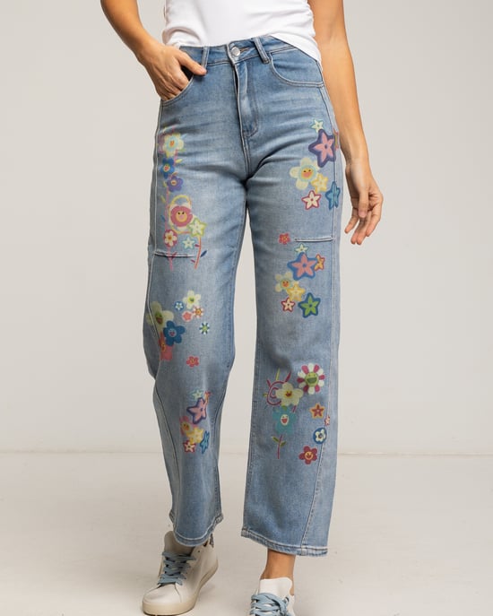 High-waist recht model jeans met geschilderde bloemen en patronen op de voor- en achterkant - Image 4