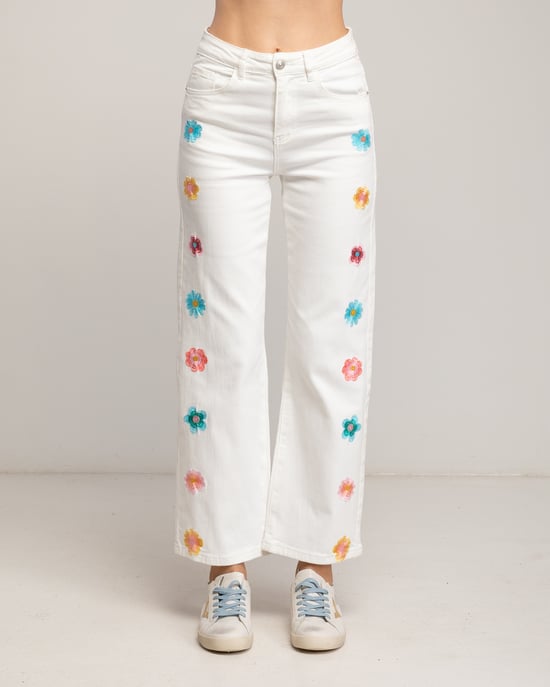 Straight fit jeans met geborduurde bloemen aan de voorkant. - Image 2