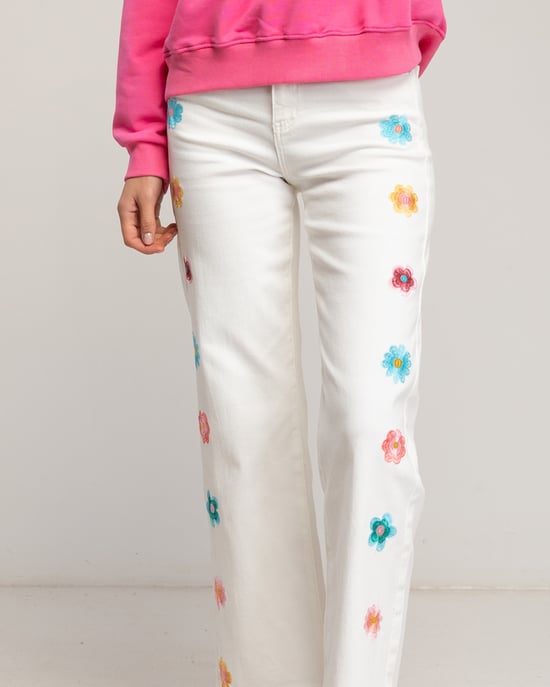 Straight fit jeans met geborduurde bloemen aan de voorkant. - Image 4