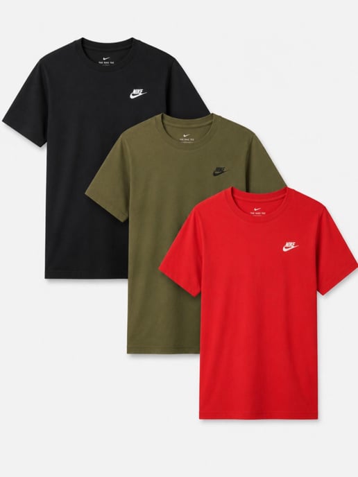 3 Pack Nike Mens Club Futura Embroidery T Shirt in Black / Olive / Red - Image 1