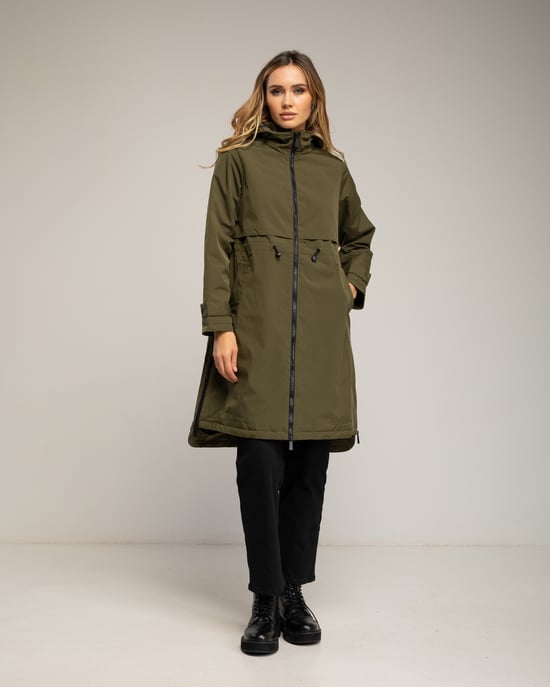 Lange trenchcoat met capuchon, ritssluiting, ritsdetails aan de zijkanten en een verstelbare taille - Image 1