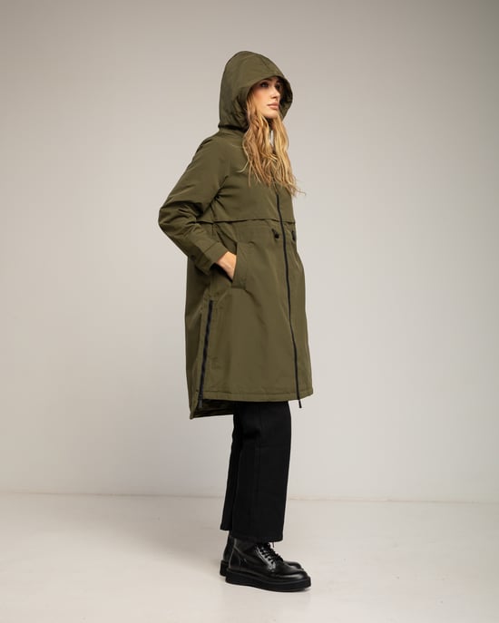 Lange trenchcoat met capuchon, ritssluiting, ritsdetails aan de zijkanten en een verstelbare taille - Image 2