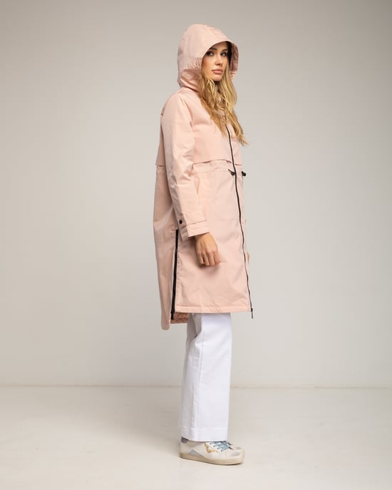 Lange trenchcoat met capuchon, ritssluiting, ritsdetails aan de zijkanten en een verstelbare taille - Image 2