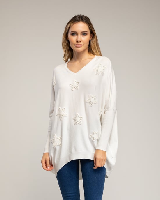 Lång oversize-stickad tröja med påsydda tygstjärnor och strass - Image 1