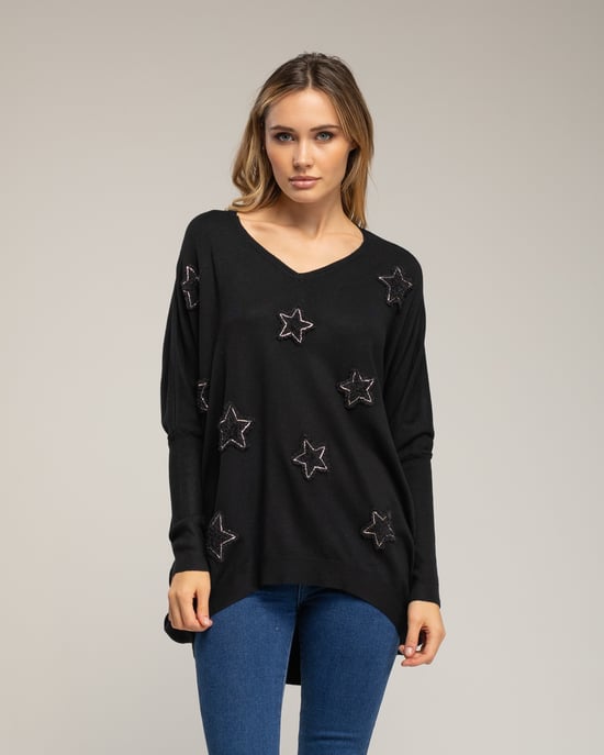 Lång oversize-stickad tröja med påsydda tygstjärnor och strass - Image 1