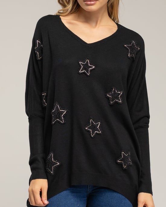 Lång oversize-stickad tröja med påsydda tygstjärnor och strass - Image 3
