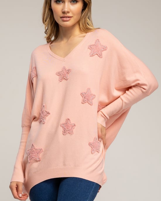 Lång oversize-stickad tröja med påsydda tygstjärnor och strass - Image 3
