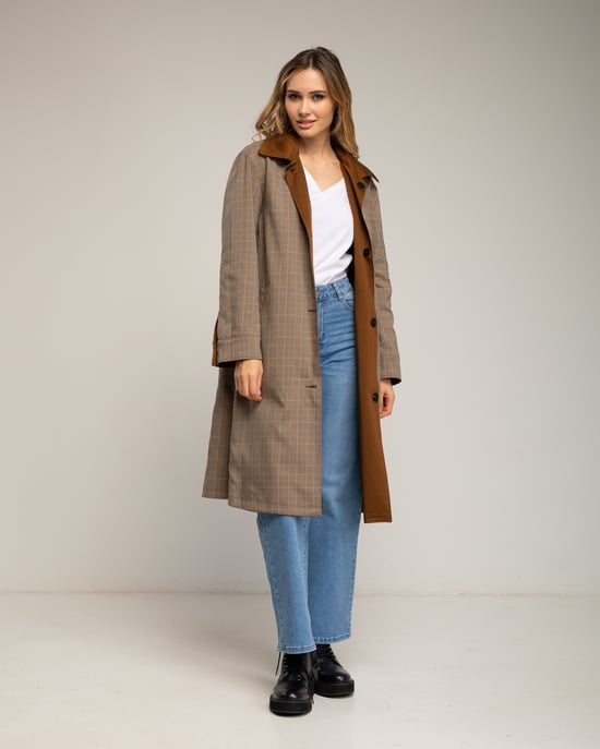 Lange omkeerbare trenchcoat, effen aan de ene kant en geruit aan de andere kant, met zijzakken - Image 1