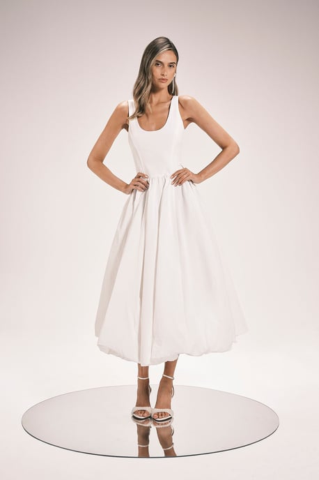 Taffeta Bodice Puff Ball Woven Midi Dress - Image 1