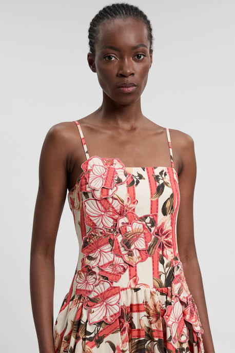 Cotton Linen Printed 3D Floral Bubble Hem Midi Dress - Image 2