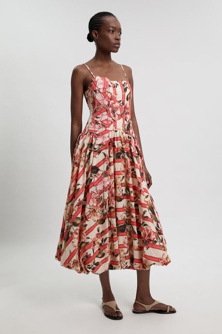 Cotton Linen Printed 3D Floral Bubble Hem Midi Dress - Image 3