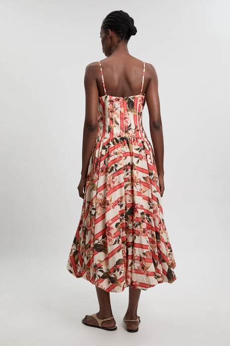 Cotton Linen Printed 3D Floral Bubble Hem Midi Dress - Image 4
