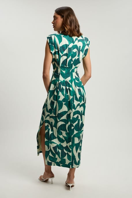 Viscose linen geo print woven pintuck midi dress - Image 3