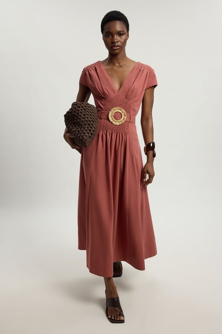 Petite Shirred V Neck Belt Detail Woven Maxi Dress - Image 1