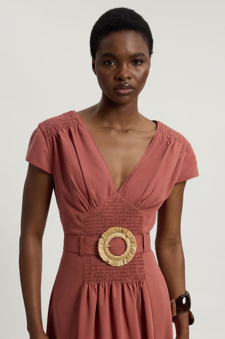 Petite Shirred V Neck Belt Detail Woven Maxi Dress - Image 4