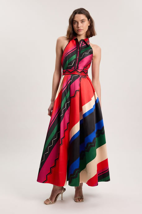 Abstract Print Twill Contrast Collared Woven Maxi Dress - Image 4