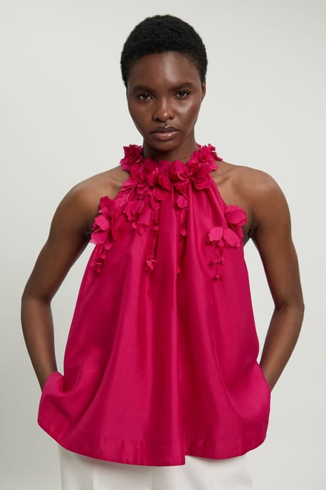Floral Applique Woven Halter Woven Blouse - Image 1