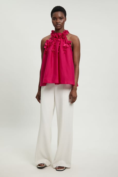 Floral Applique Woven Halter Woven Blouse - Image 2