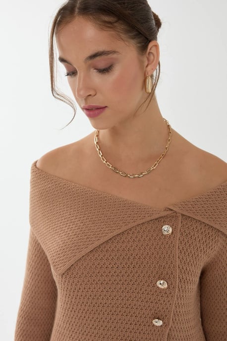 Off Shoulder Knappdetalj Tröja - Image 5