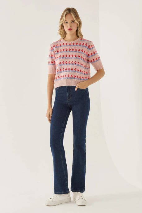 Patterned Short Sleeve Knit Sweater - Image 2