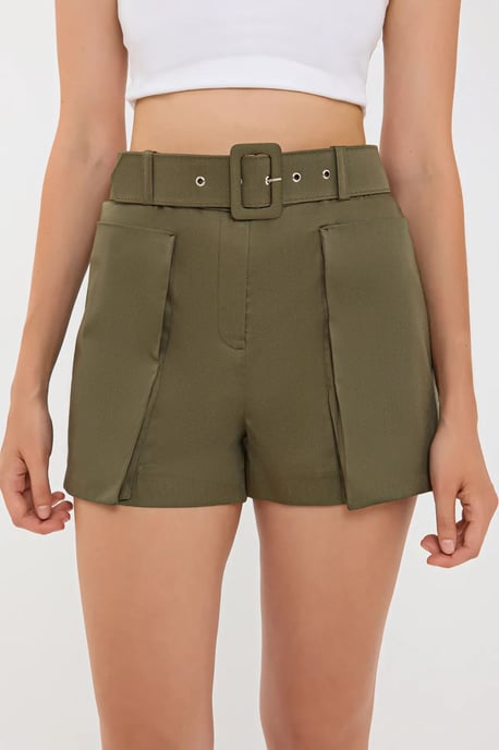 Bomullshigh-waist shorts med ficka och bältesdetalj - Image 1