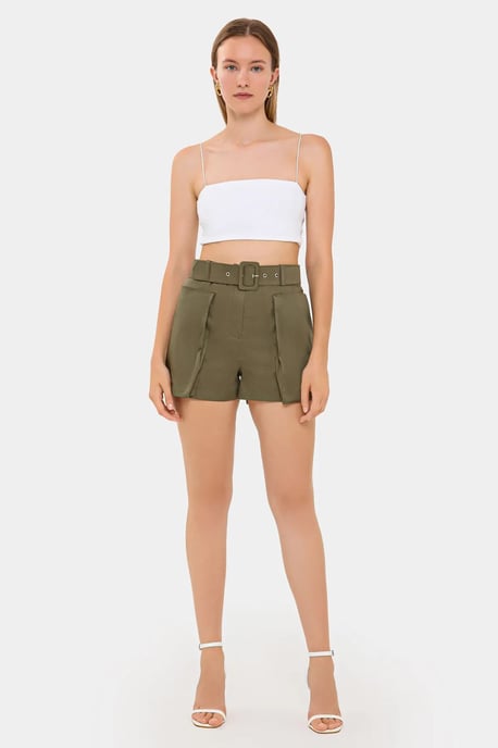 Bomullshigh-waist shorts med ficka och bältesdetalj - Image 2